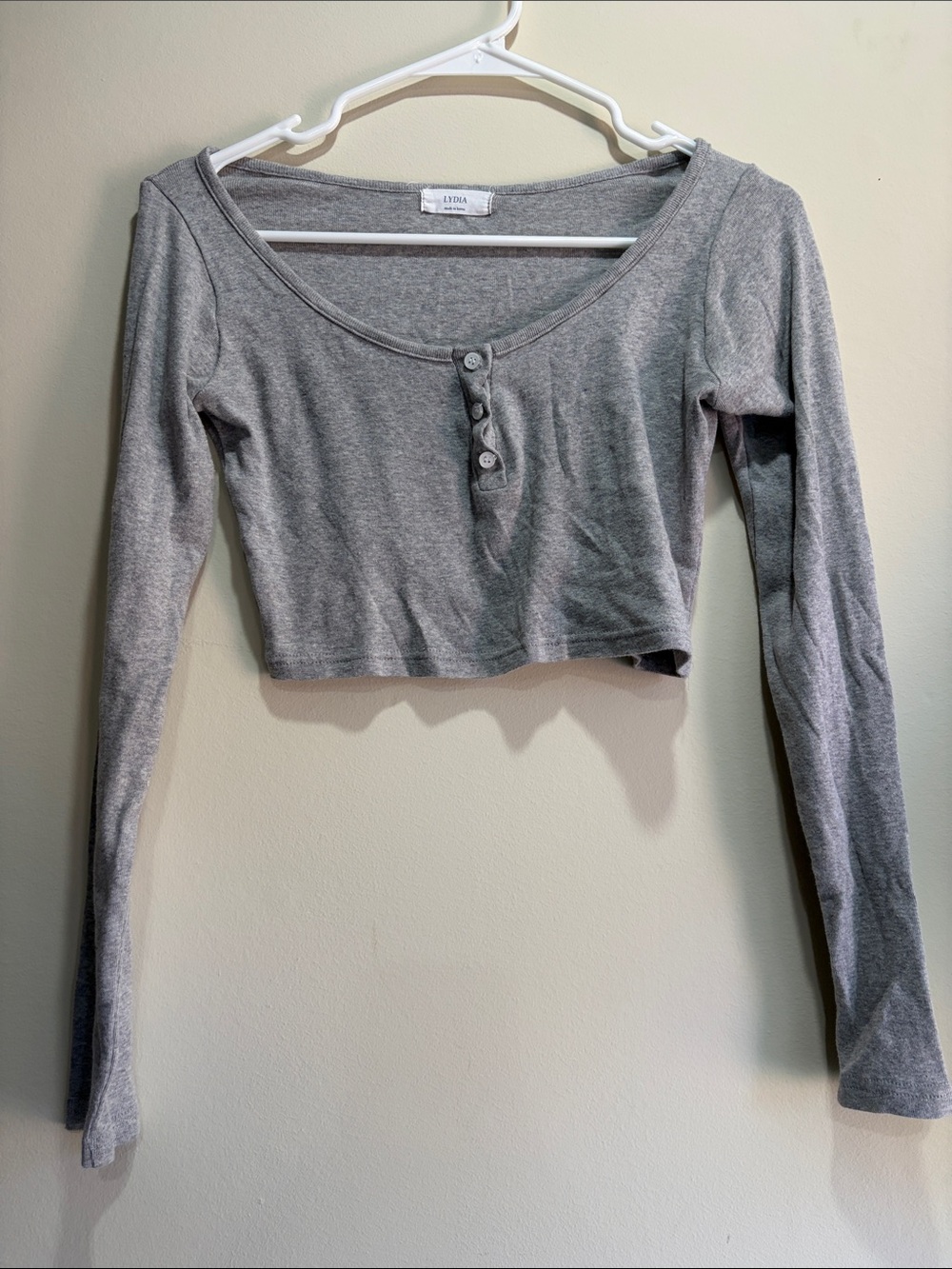 Lydia Made in Korea Grey Ribbed Long-Sleeve Cropped Henley Top